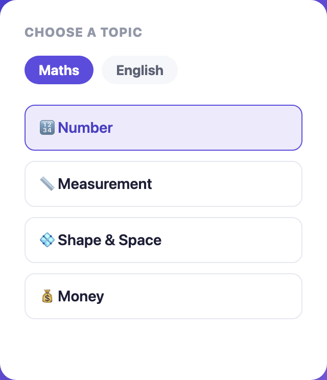 TransferNI app screens: choosing a Maths topic to practise, then a progress breakdown showing exactly which topics need more work